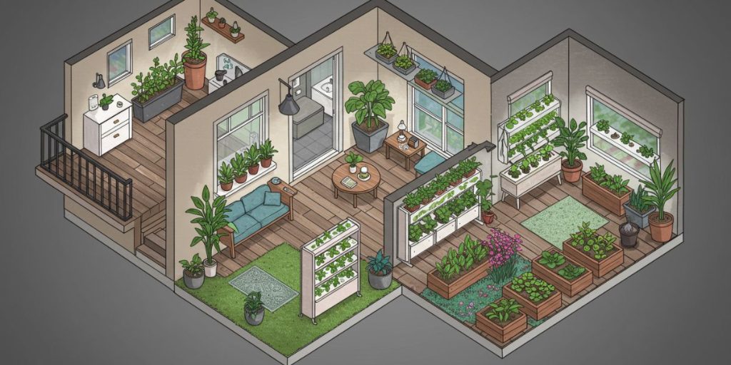 Diagram of small urban living space showing potential growing locations including balcony, windowsills, wall spaces, and small patio areas for apartment gardening.