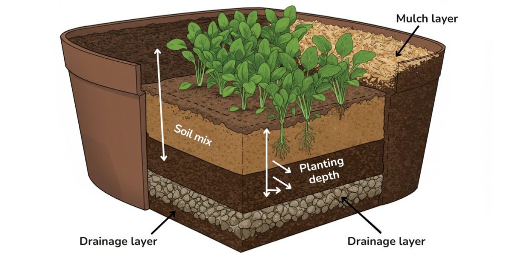 Cross-section diagram of properly prepared container showing drainage layer, soil mix, planting depth, and mulch layer for optimal small space vegetable growing