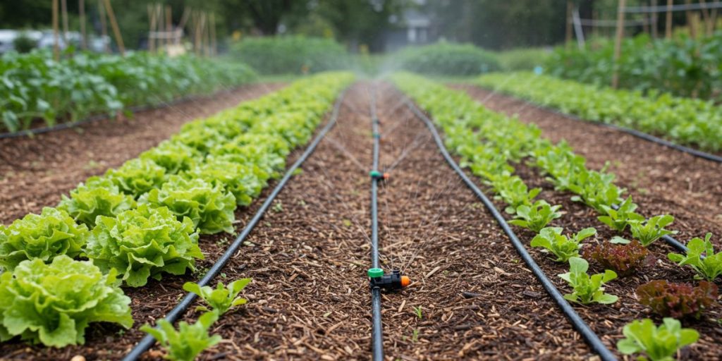 Efficient drip irrigation system watering summer vegetables in a self-sufficient garden