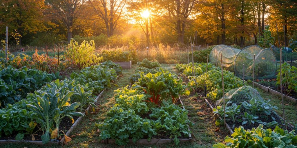 Fall garden transition with cold-hardy greens and season extension preparations for year-round vegetable growing