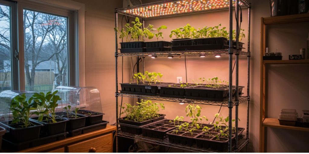 Multi-tier seed starting station with grow lights for year-round vegetable seedling production