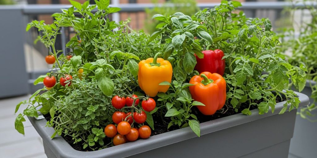 Thriving container garden showing compact varieties of tomatoes, peppers, and herbs growing together in a small self-watering planter on an urban patio
