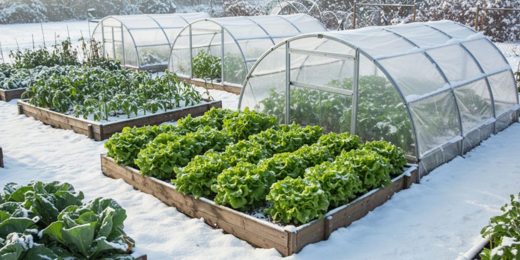 Winter garden with protected beds producing greens under snow conditions