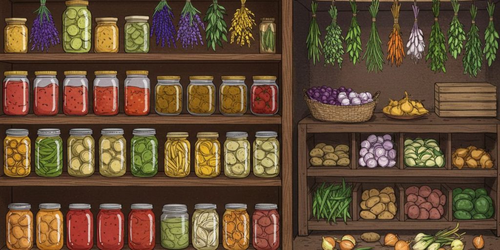 Food preservation methods for year-round self-sufficiency including canned vegetables, dried herbs, and root cellar storage