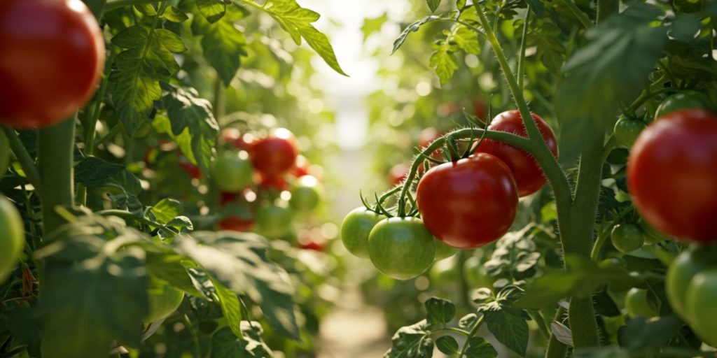 Tomatoes growing on vines in a beautiful year-round garden
