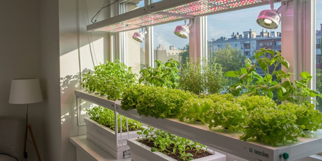 Window farm hydroponic system showing lettuce, herbs, and small vegetables growing in south-facing apartment windows with supplemental lighting.