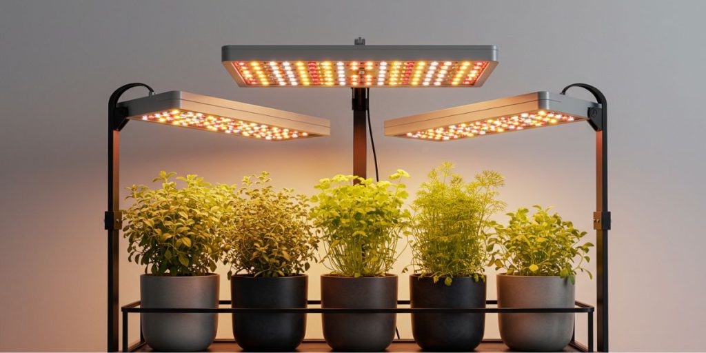 LED grow lights illuminating indoor herb garden setup with proper positioning for growing herbs all year round.
