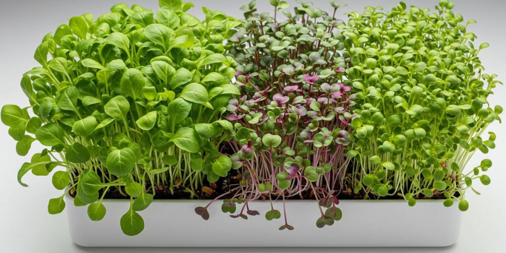 Comparison of popular microgreen varieties including arugula, radish, and sunflower, showing how to grow microgreens indoors.