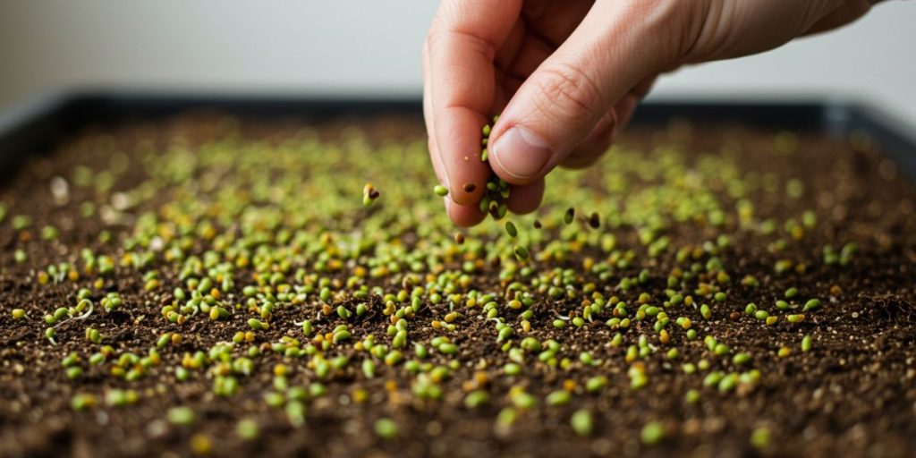 Evenly spreading microgreen seeds across prepared growing medium. How to grow microgreens indoors.