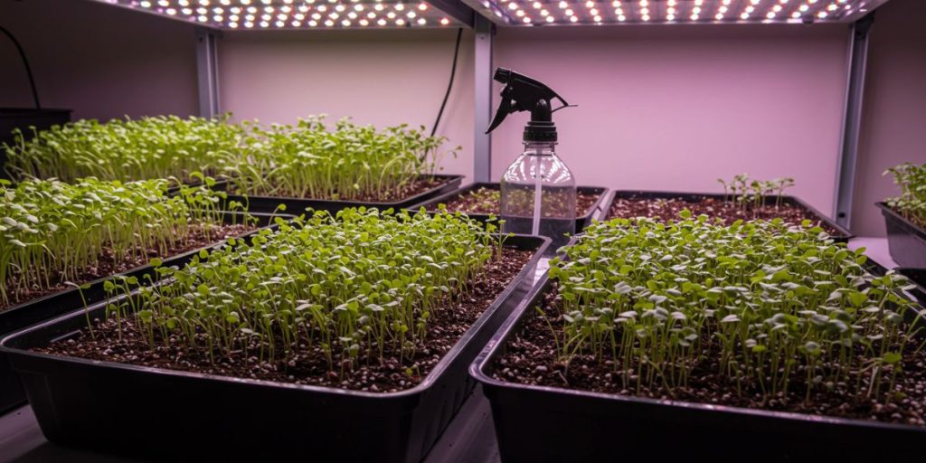 Complete microgreen growing setup with trays, soil, seeds, spray bottle, and grow lights to learn how to grow microgreens indoors.