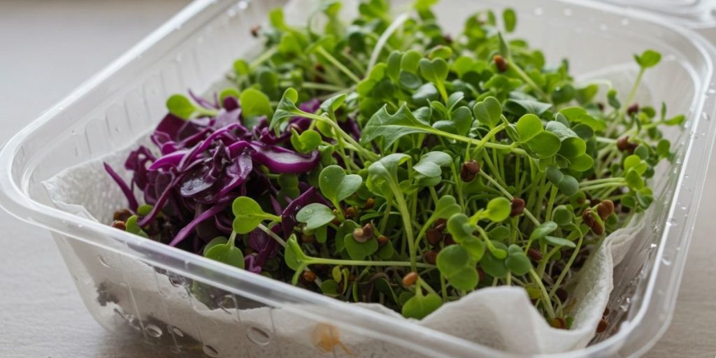 Freshly harvested microgreens stored in container with paper towel. How to grow microgreens indoors.