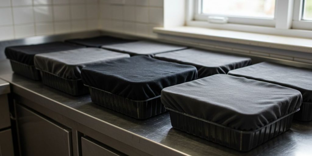 Covered microgreen trays on kitchen counter during blackout germination phase. How to grow microgreens indoors.