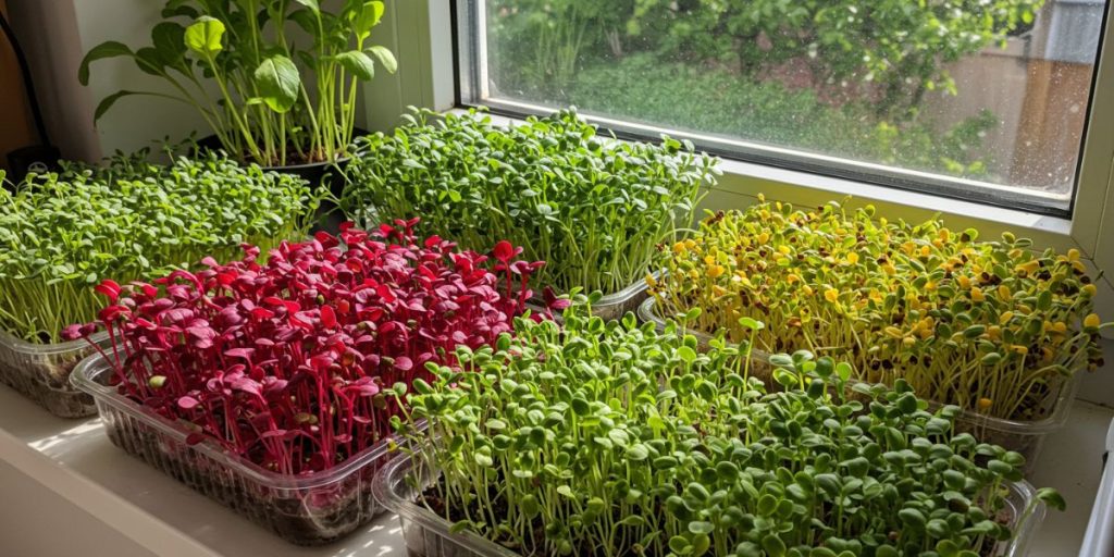 Fresh and colorful homegrown microgreens in trays on a bright windowsill showing how to grow microgreens indoors.