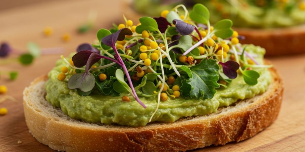 Colorful microgreens garnishing a homemade avocado toast.