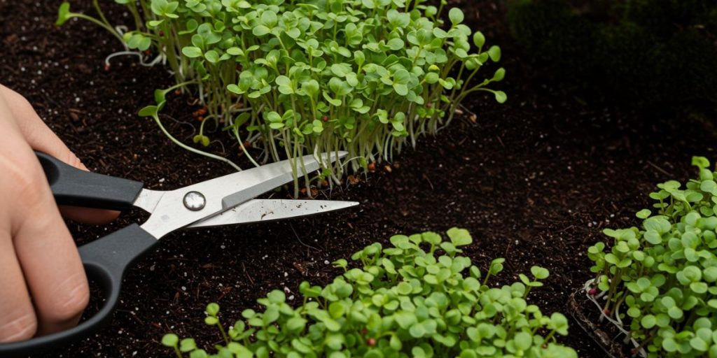 Harvesting mature microgreens with scissors just above soil line.