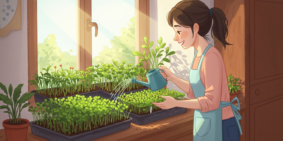 Illustration of young woman watering microgreens indoors in front of her kitchen window.