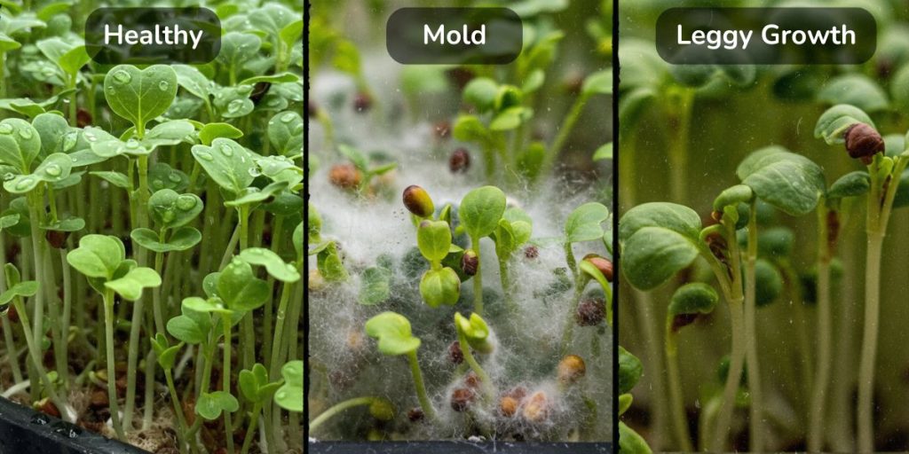 Comparison showing healthy microgreens versus common issues like mold and leggy growth.