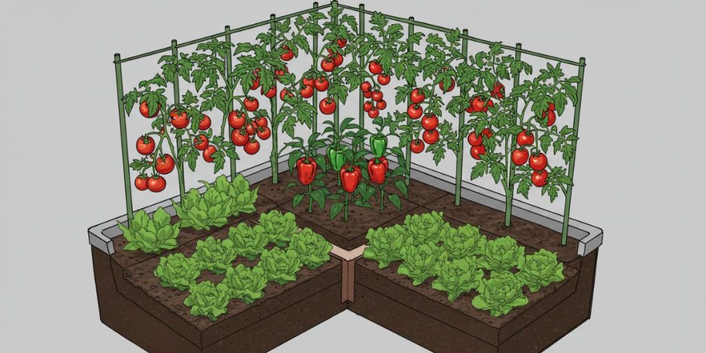 Cross-section drawing of a layered container garden showing tomatoes growing upward on supports, peppers in the middle layer, and lettuce growing along the soil surface, to show intensive planting techniques.