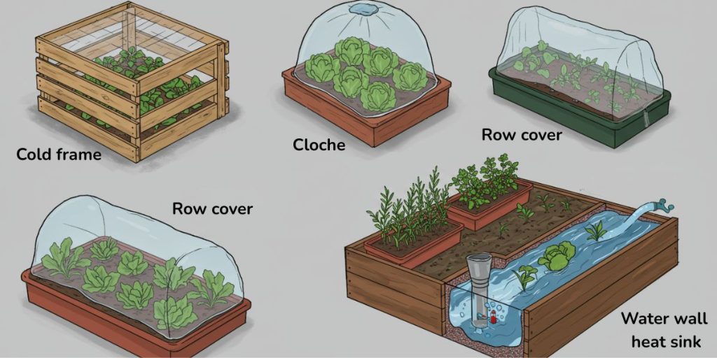 Various season extension techniques for container gardens including cold frames, cloches, row covers, and water wall heat sinks to extend growing seasons.