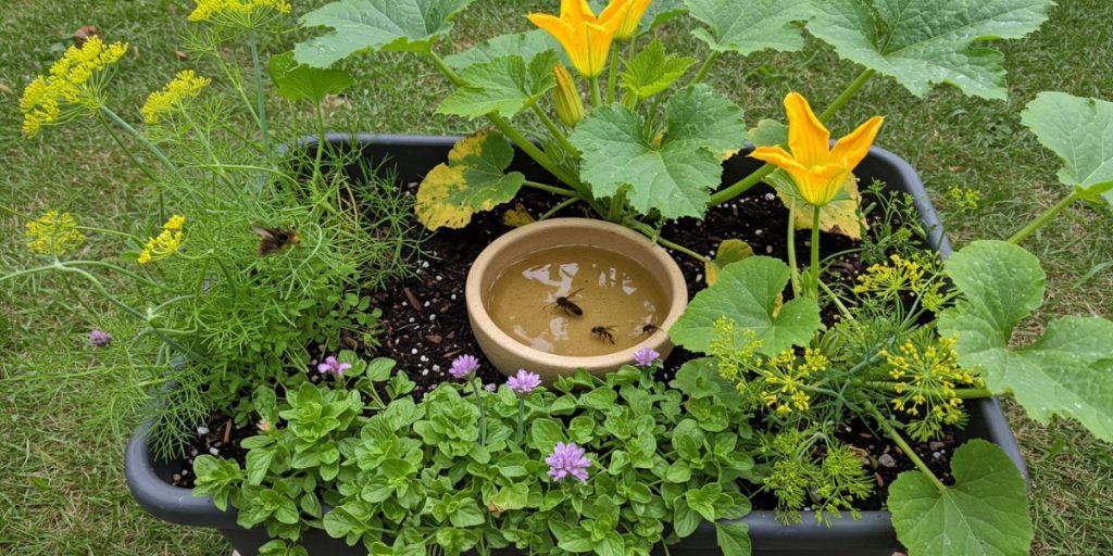 Small space container garden designed for pollinators showing vegetables allowed to flower, herb blossoms, and a small bee bath with visiting beneficial insects.