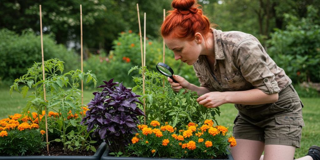 Container gardener inspecting tomato plants for pests with companion planting of basil and marigolds to naturally deter common vegetable pests.