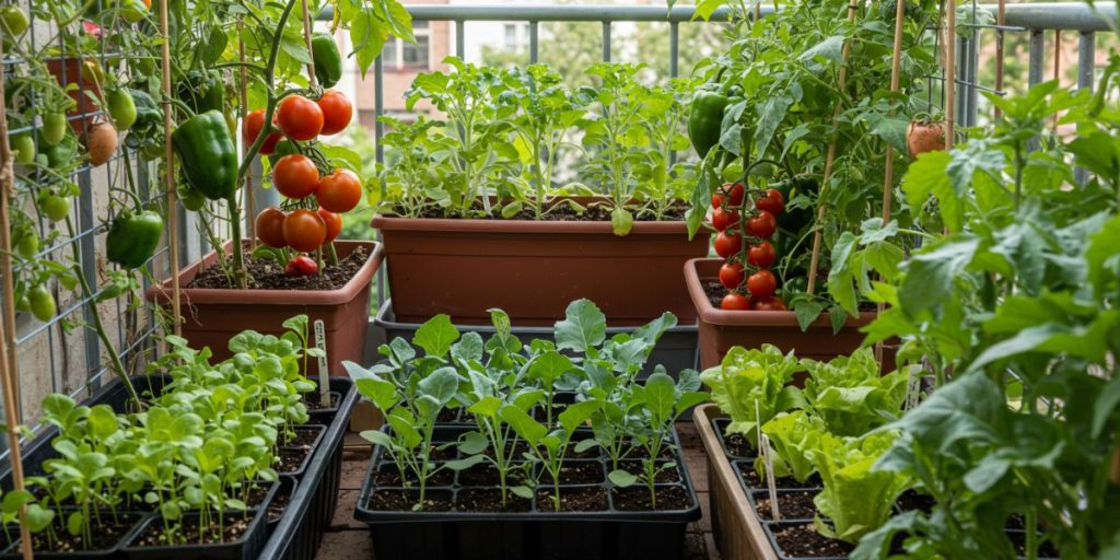 Small balcony garden transitioning between seasons with summer crops being harvested while fall seedlings are being started in trays nearby