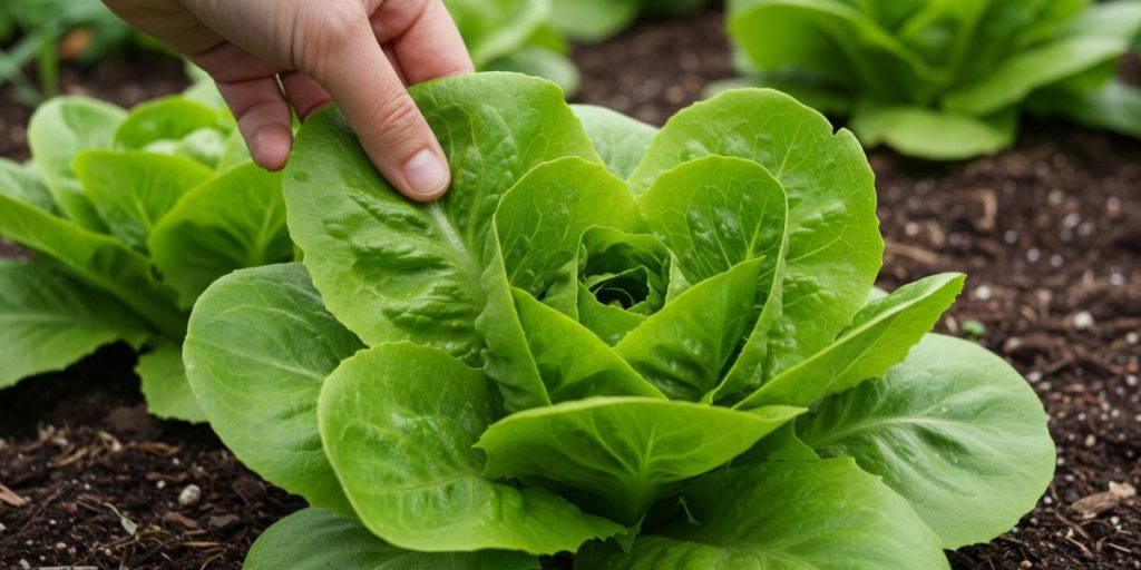 Demonstration of proper harvesting techniques for lettuce, showing cut-and-come-again method where outer leaves are harvested while center continues growing.