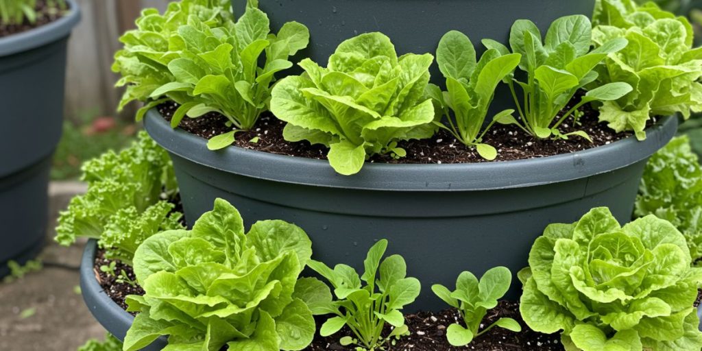 Tiered container salad garden showing succession planting of various lettuce and greens at different stages of growth for continuous harvest.
