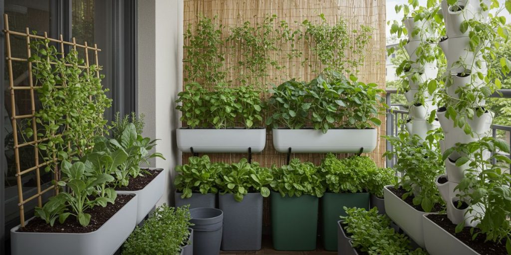 Apartment balcony vegetable garden showing lightweight containers, vertical growing systems, and privacy-friendly design that maximizes growing space while maintaining aesthetic appeal.