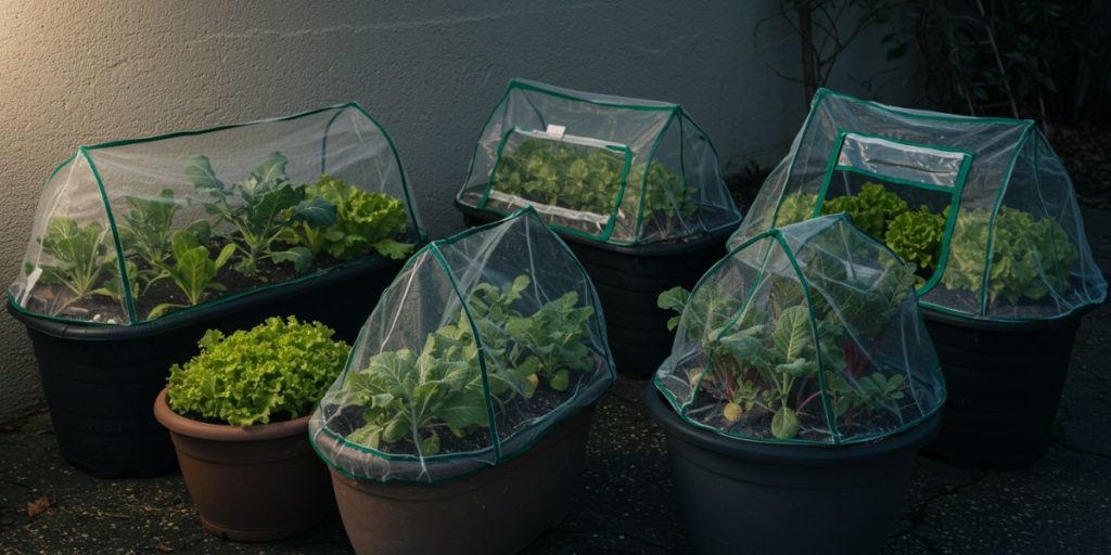 Winter container vegetable garden showing cold-tolerant crops protected with season extension devices and clustered near building wall for temperature moderation.