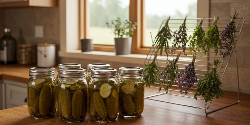 Small-batch preserving setup showing refrigerator pickles in jars and herbs being dried from a container garden harvest.