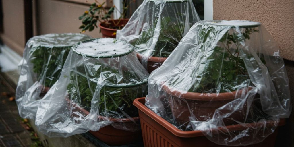 Small space container garden in winter with protective coverings and clustering of pots against a building for temperature moderation.