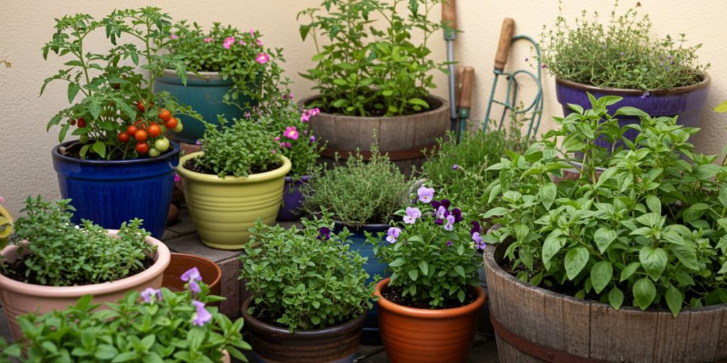 Beautiful edible container combinations showing arrangement principles with vegetables, herbs, and edible flowers growing in attractive patterns on a small patio.