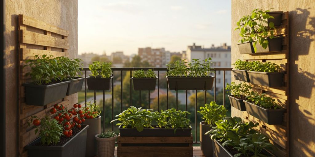 Thriving small space vegetable garden on urban balcony with containers of various vegetables, showing what's possible in limited space with proper planning and care.