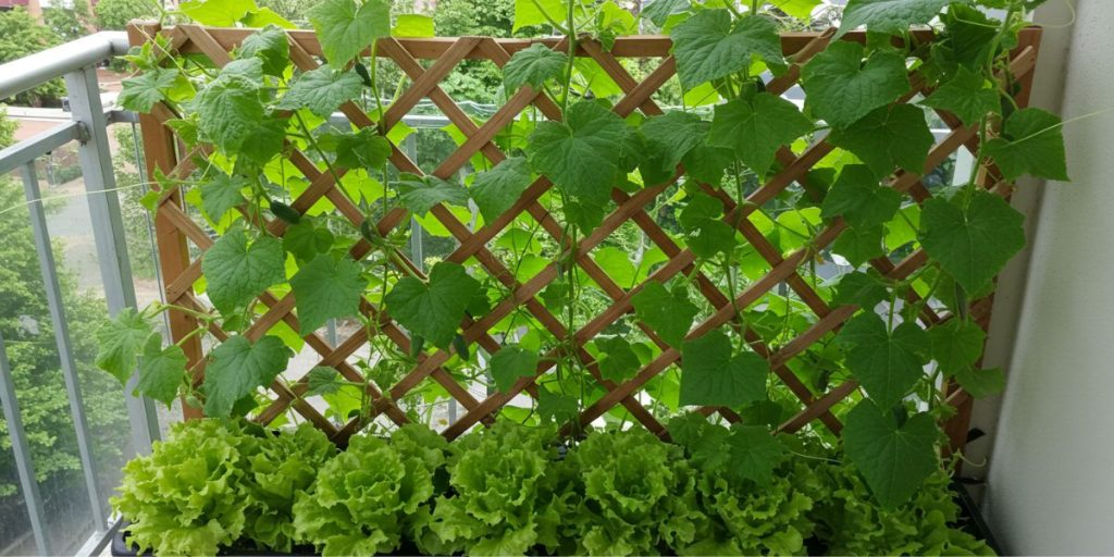 Vertical gardening system on apartment balcony with cucumber vines growing up a trellis and lettuce planted at the base, maximizing growing space.