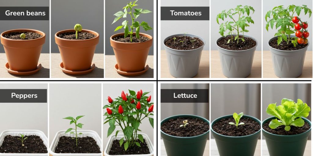 Visual comparison chart of four popular container vegetables (tomatoes, lettuce, beans, and peppers) showing container size requirements, growth habits, and mature size.