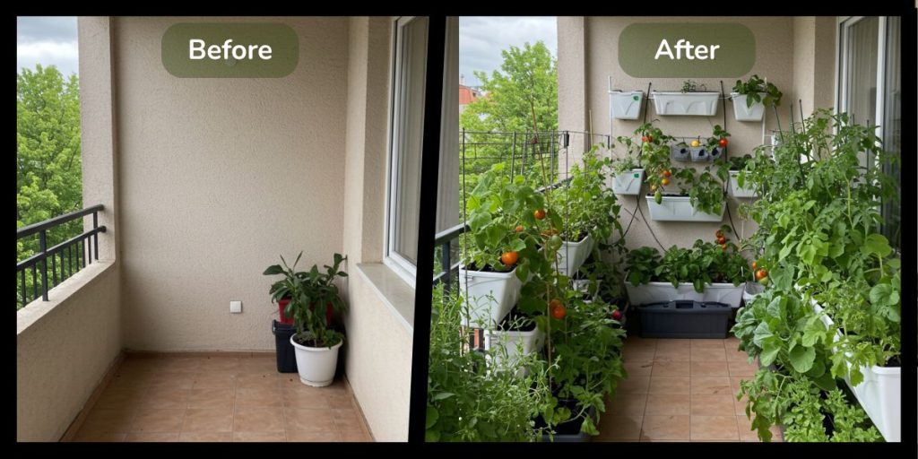 Before and after photos of balcony transformation from empty space to productive food garden with vertical systems and various containers producing abundant vegetables.