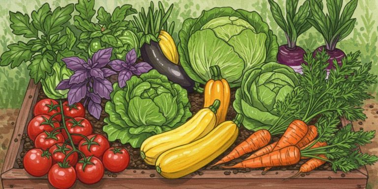 Illustration of a beautiful, abundant, and colorful small space vegetable garden.