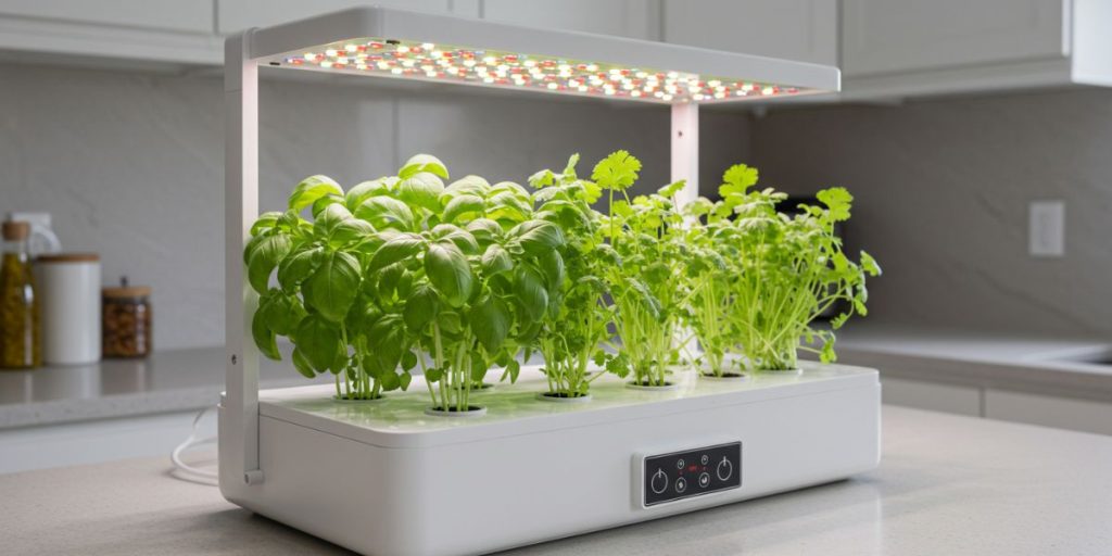 Beginner-friendly hydroponic herb growing system with basil and cilantro.