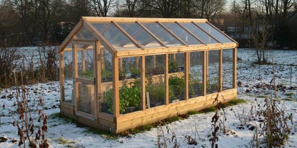 Cold frame structure protecting herbs from frost during winter months.