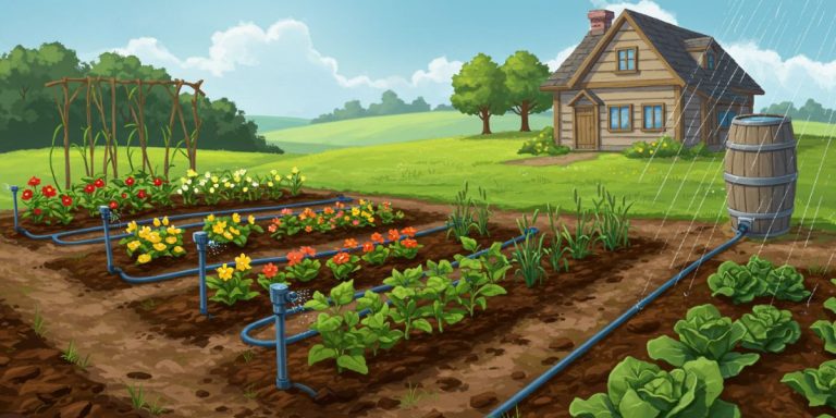Illustration of water efficient garden with drip irrigation.