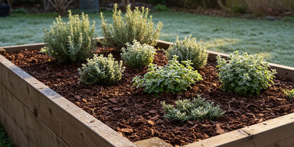 Raised herb garden bed with organic mulch protecting plants in cold weather.