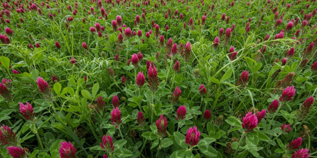 Field of crimson clover and other nitrogen-fixing cover crops growing as green manure.
