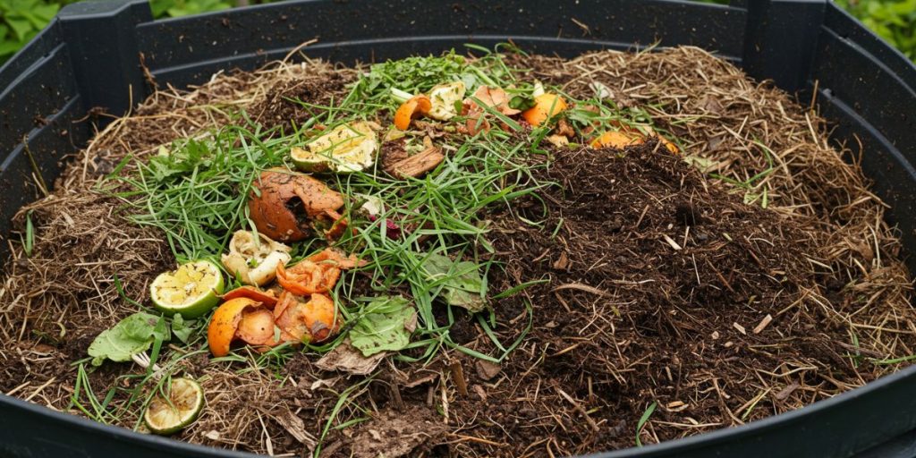 Improving soil fertility naturally by using a layered compost bin with green nitrogen-rich and brown carbon-rich materials.