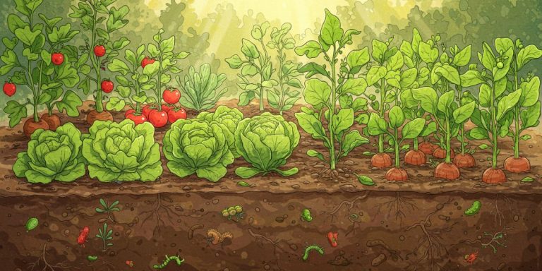 Illustration of healthy, productive soil with thriving vegetables and beneficial insects.