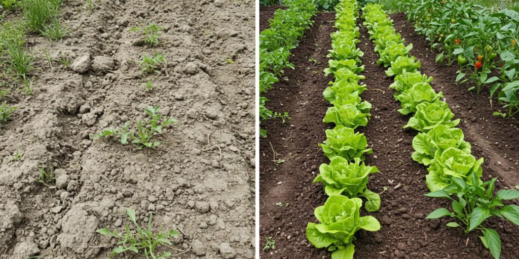 Long-term soil transformation showing improvement from depleted to fertile soil.