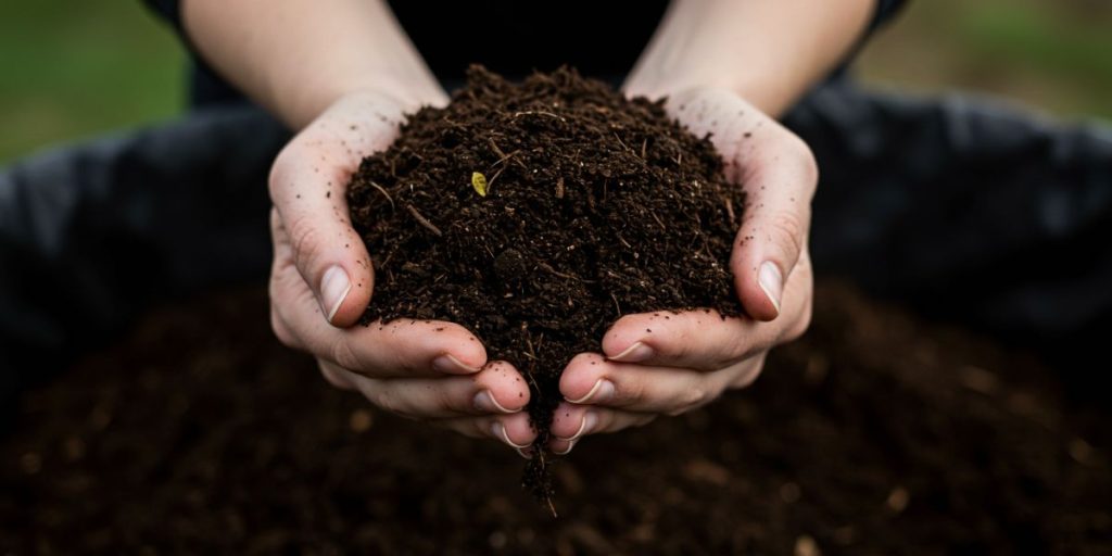 Hands holding rich, dark finished compost with crumbly texture ready for garden use.