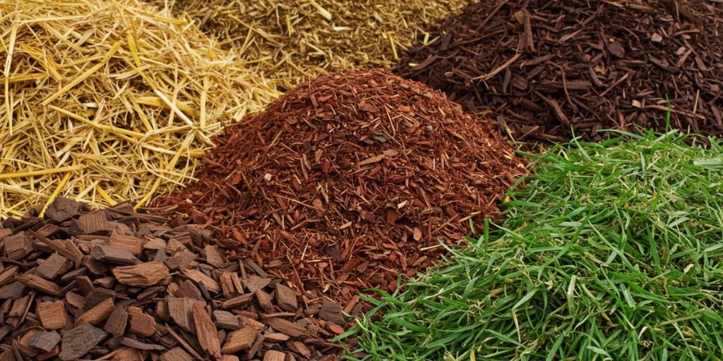 Different organic mulch materials including straw, wood chips, shredded leaves, and grass clippings.